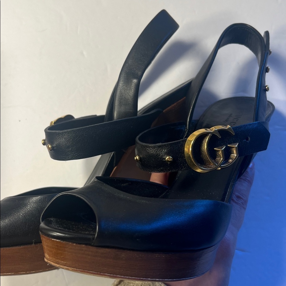 GUCCI GG Running Black Leather Platform Heels wood platform stacked heel sz 39.5 - Picture 14 of 16